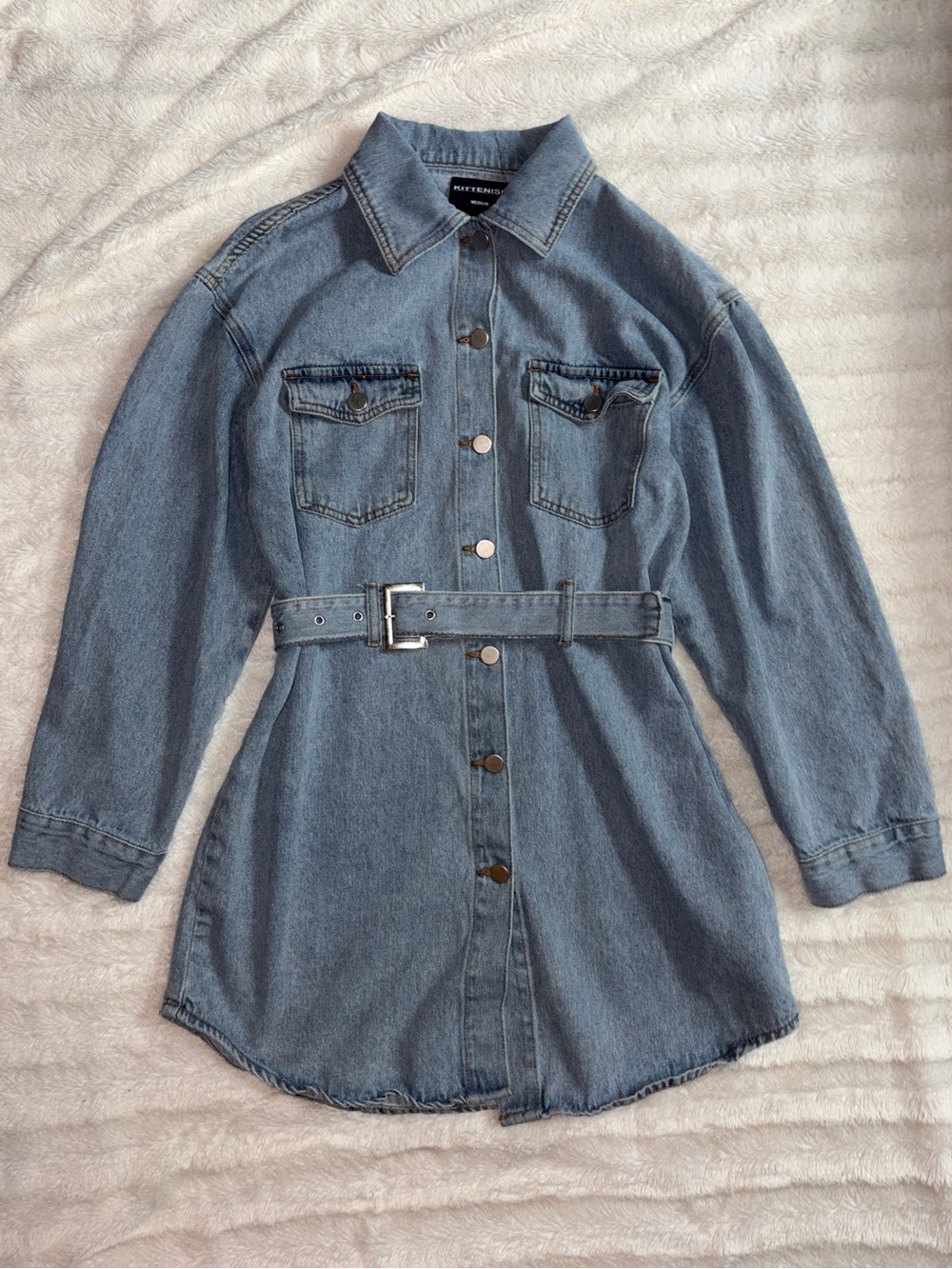 Kittenish Light Wash Denim Dress Size Medium Long Sleeve w/ Belt & Button Front